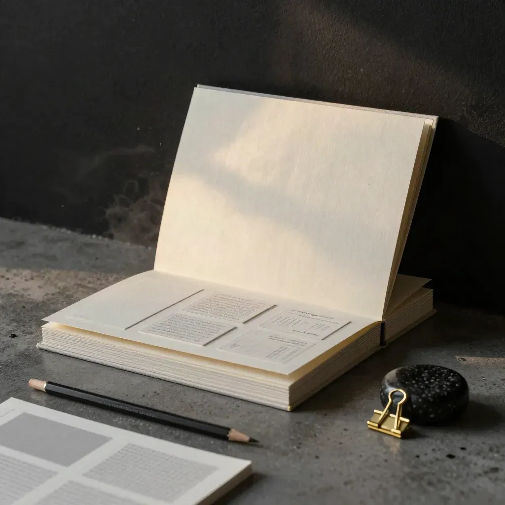 Ivory papíry, brand book a kartičky na tmavém kameni v dramatickém světle po dešti.