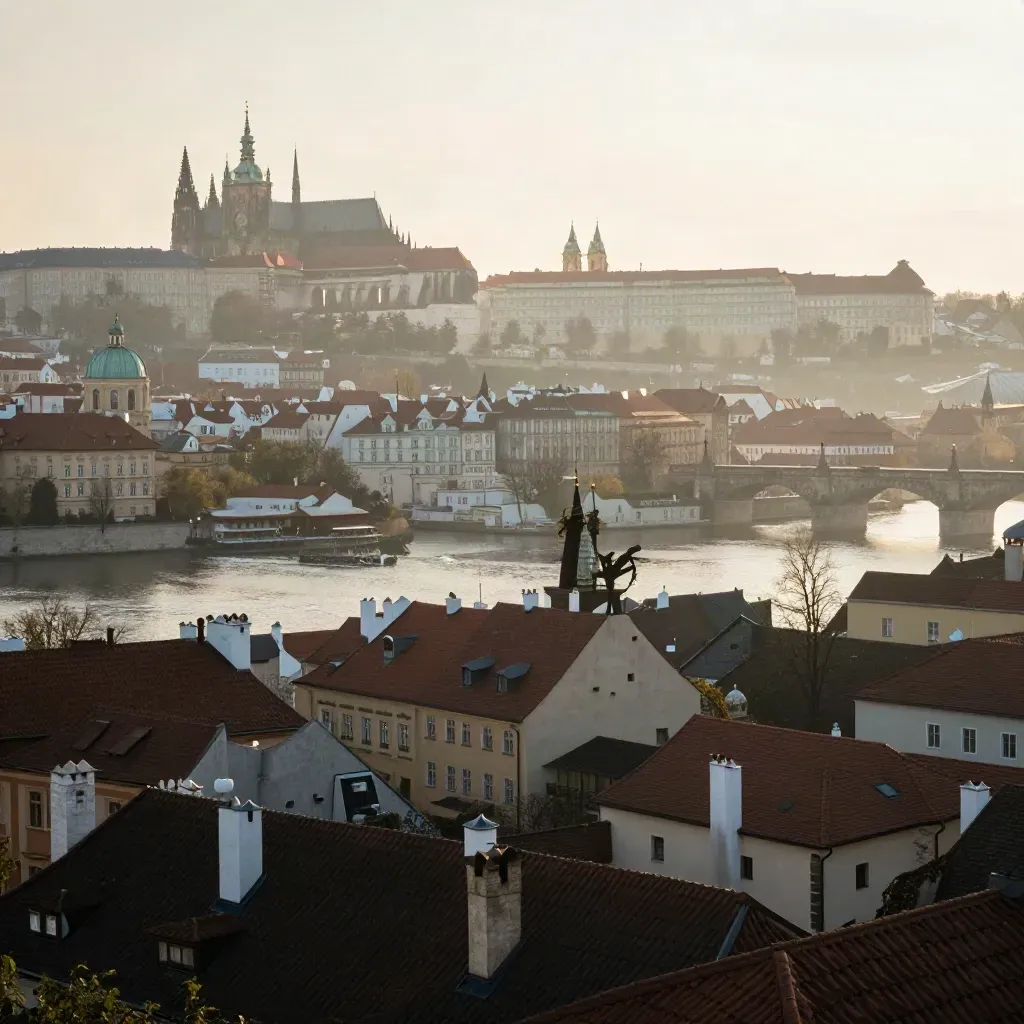 Pražské střechy a mostní věže v ranní mlze s klidným prostorem dole pro text
